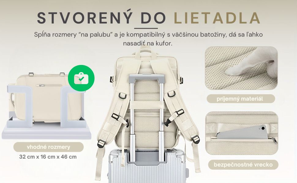Batoh splňujúci rozmery na palubu lietadla, kompatibilný s väčšinou batožiny, s pohodlným úchytom na kufor, príjemným materiálom a bezpečnostným vreckom
